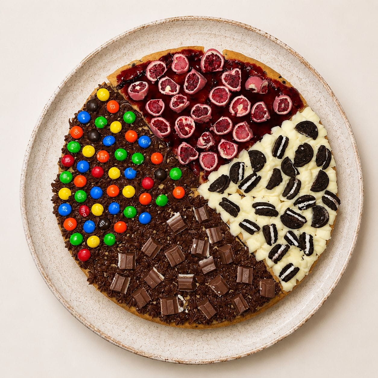 Cookizza recién armada con M&M, frutos rojos, Oreo y chocolate
